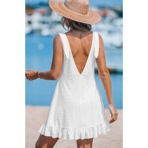 NWT CUPSHE White Eyelet Swim Cover Up Dress Shoulder Tie Scoop Neck - Large